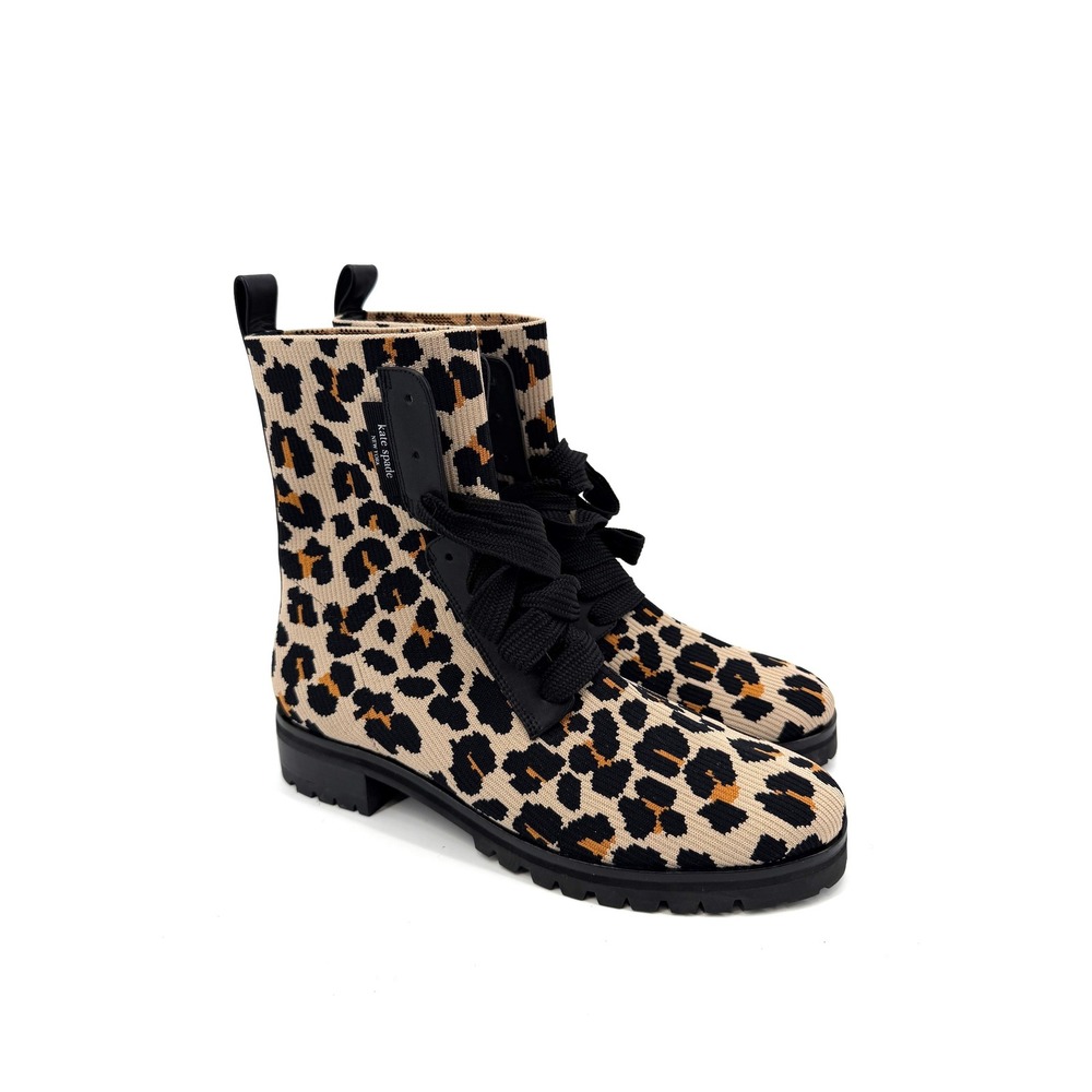 Kate Spade Merigue Leopard Print Combat Boots Black Leather Trim Womens 9.5B 40